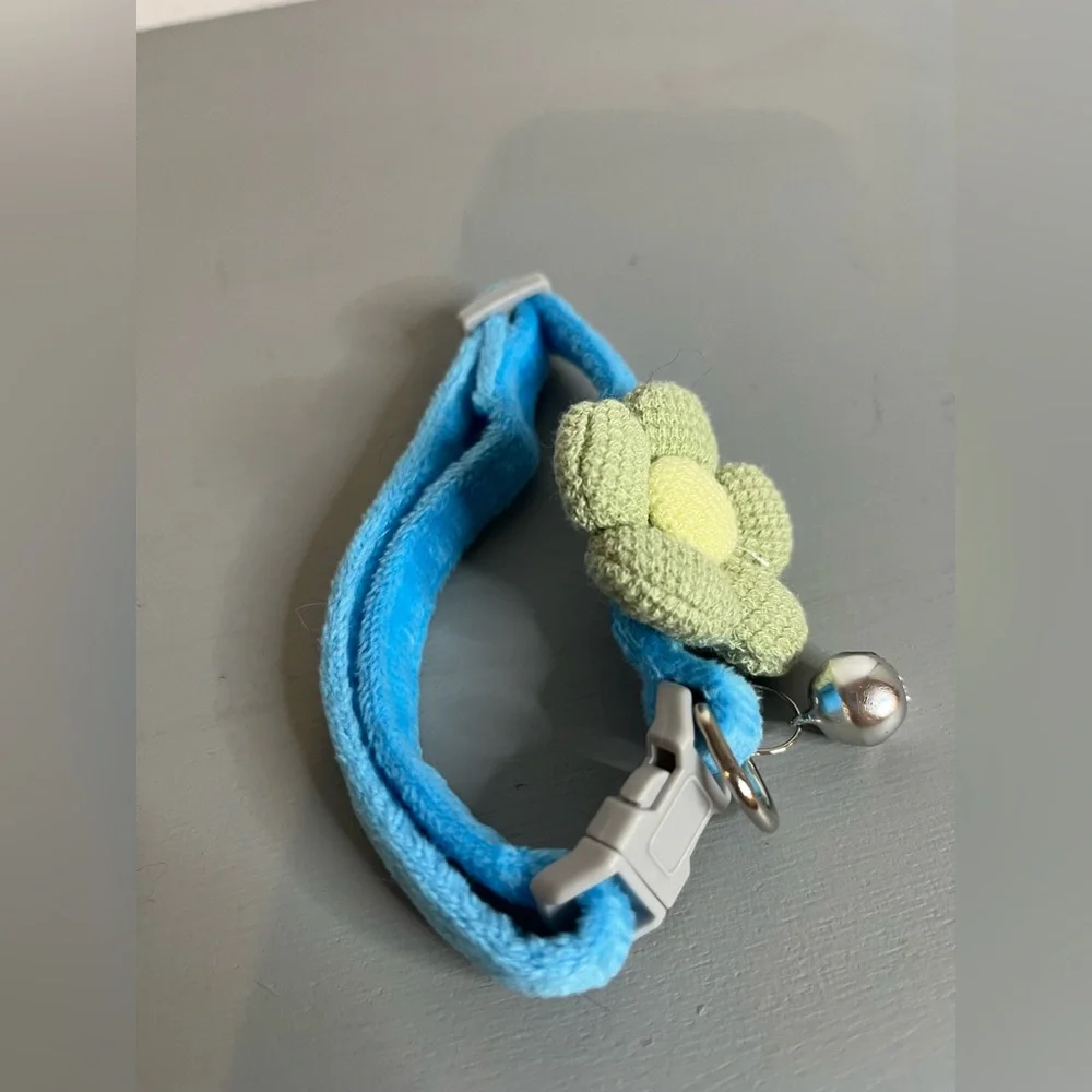 Sky Blue Flower Cat Collar w/ Bell | Soft Velvet Adjustable Breakaway Kitten